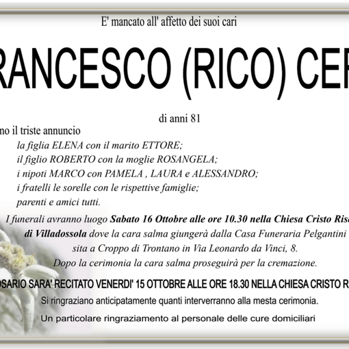Francesco (Rico) Cefis di anni 81