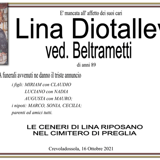 Lina Diotallevi ved. Beltrametti di anni 89