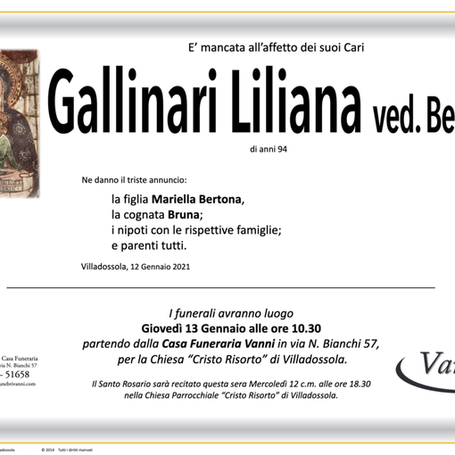 Gallinari Liliana ved. Bertona di anni 94