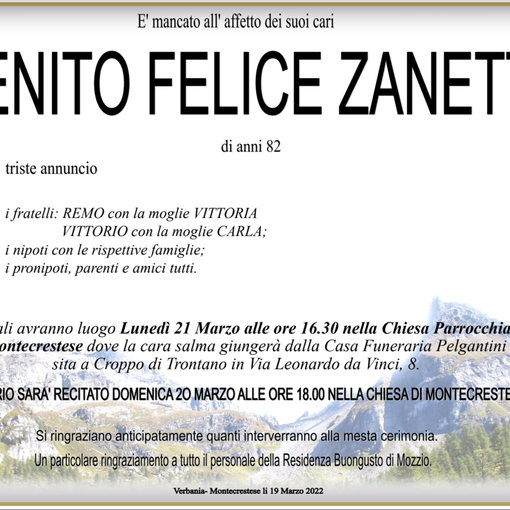 Benito Felice Zanetta di anni 82