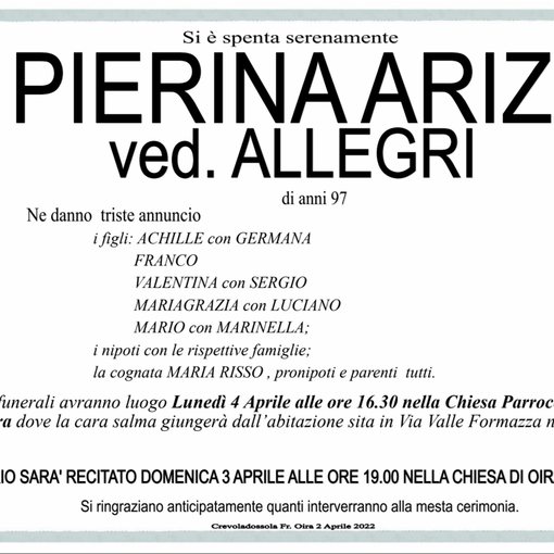Pierina Arizzi ved. Allegri di anni 97