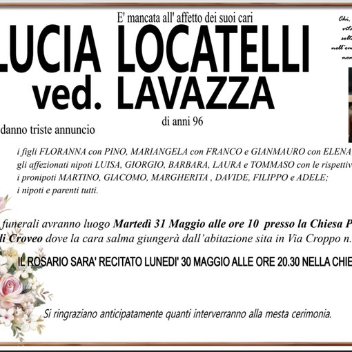 Lucia Locatelli ved. Lavazza di anni 96