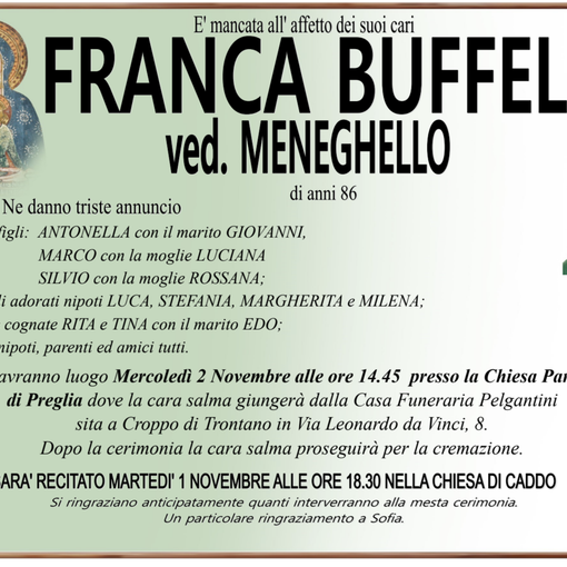 Franca Buffelli ved. Meneghello di anni 86