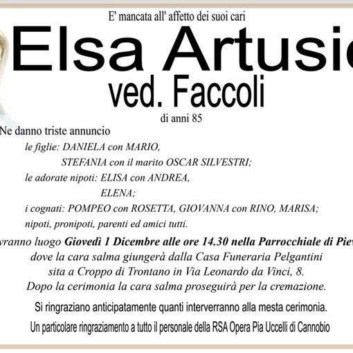 Elsa Artusio ved. Faccoli di anni 85