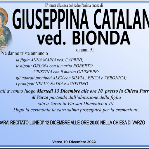 Giuseppina Catalano ved. Bionda di anni 91