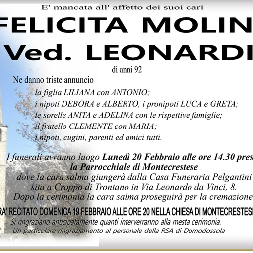 Felicita Molini ved. Leonardi di anni 92