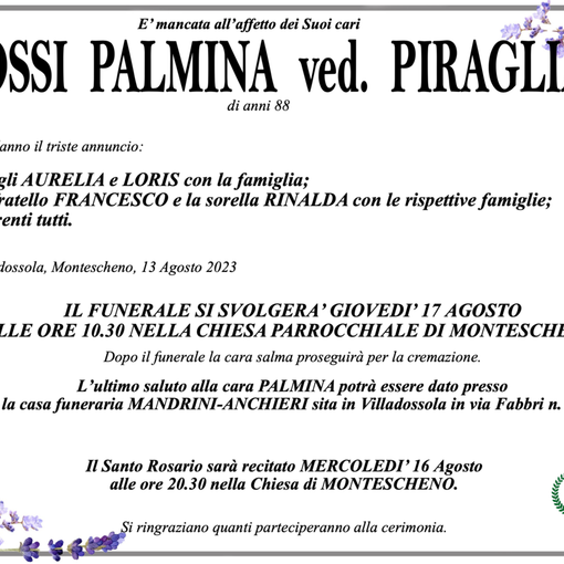 Grossi Palmina ved. Piraglia di anni 88