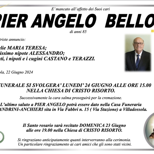 Pierangelo Bellò di anni 85