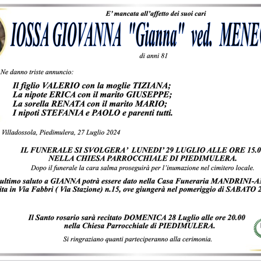 Iossa Giovanna &quot;Gianna&quot; ved.Menegati di anni 81