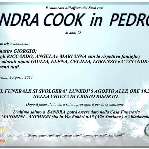 Sandra Cook in Pedron di anni 78