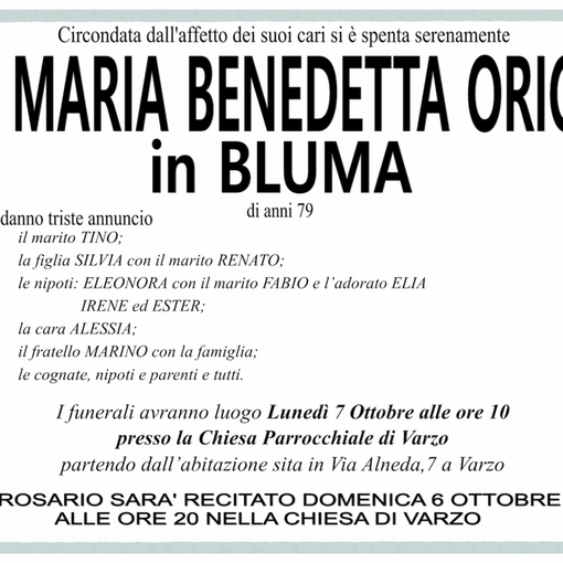 Maria Benedetta orio in Bluma di anni 79