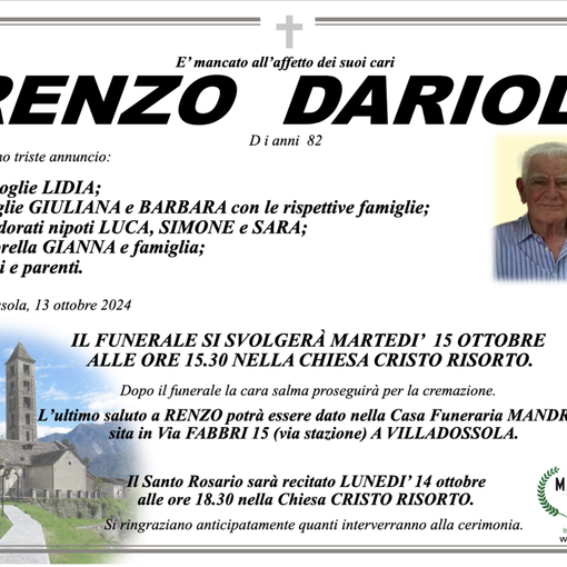Renzo Darioli di anni 82