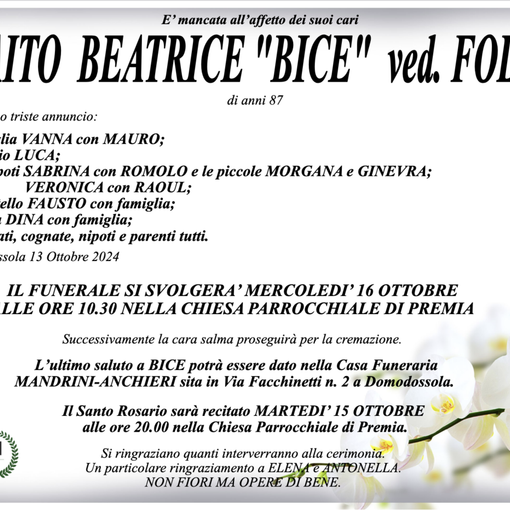 Braito Beatrice &quot;Bice&quot; ved. Folchi di anni 87