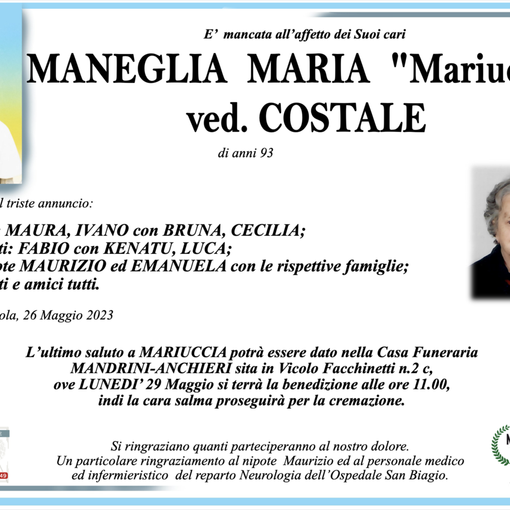 Maneglia Maria &quot;Mariuccia&quot; ved. Costale di anni 93