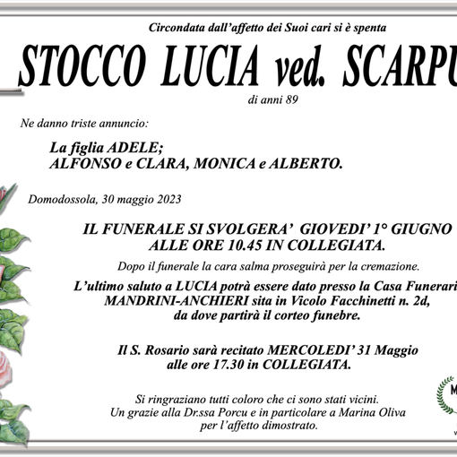 Stocco Lucia Ved. Scarpulla di anni 89
