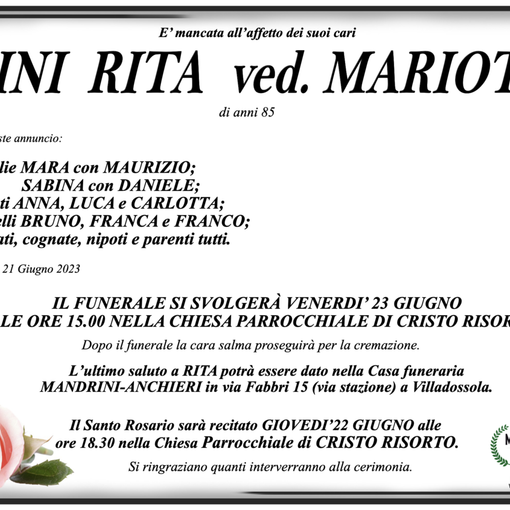 Prini Rita ved. Mariotti di anni 85