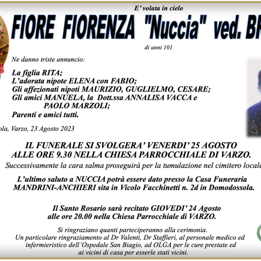 Fiore Fiorenza &quot;Nuccia&quot; ved. Brusco di anni 101