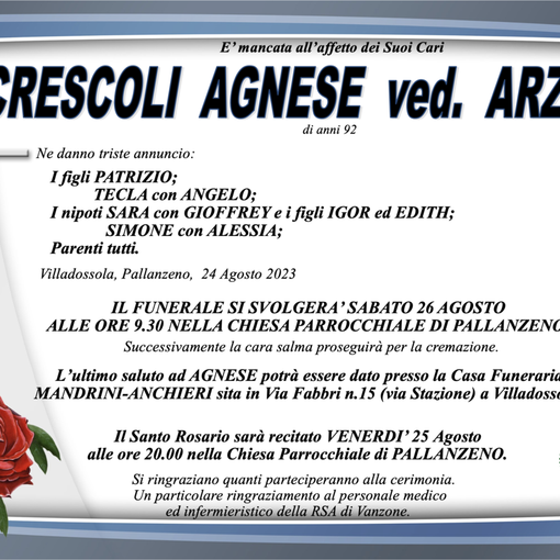 Crescoli Agnese ved. Arzuffi di anni 92