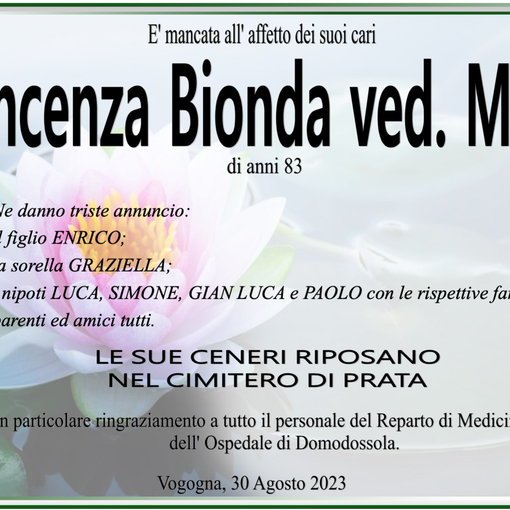 Vincenza Bionda ved. Moia di anni 83