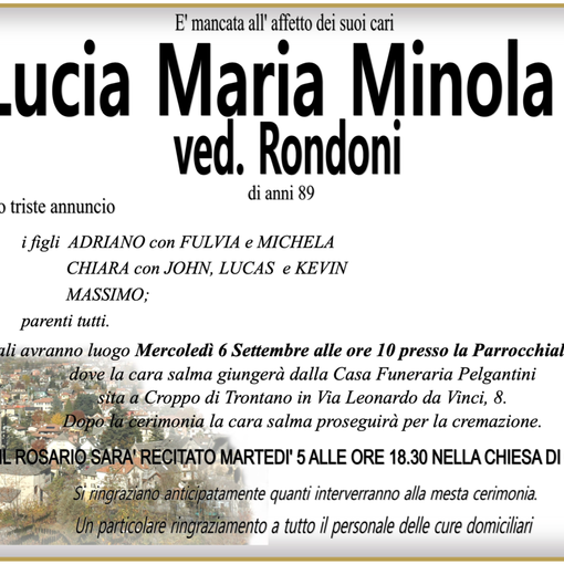 Lucia Maria Minola ved. Rondoni di anni 89