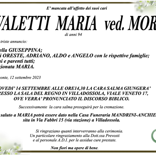 Rovaletti Maria ved. Moro di anni 94