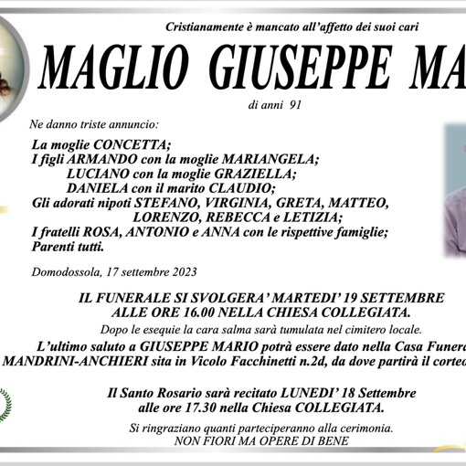 Maglio Giuseppe Mario di anni 91