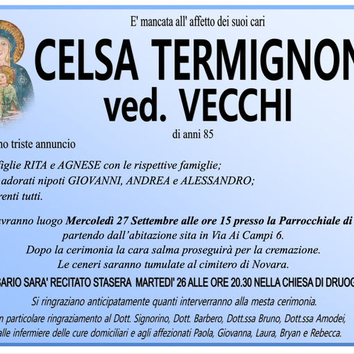 Celsa Termignoni ved. Vecchi di anni 85