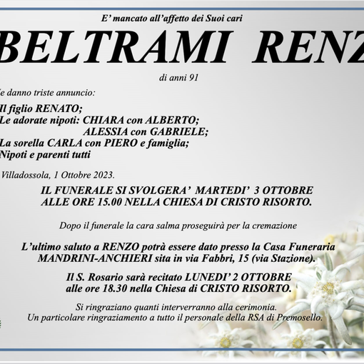 Beltrami Renzo di anni 91