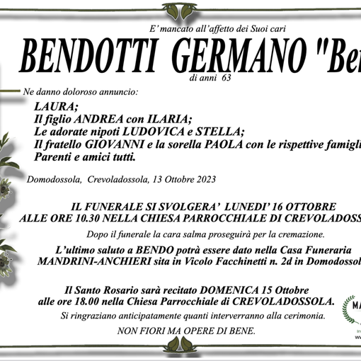 Germano Bendotti &quot;Bendo&quot; di anni 63