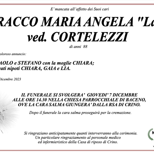Baracco Maria Angela &quot;Lalla&quot; ved. Cortellezzi di anni 88