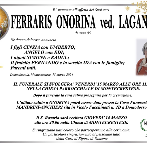 Ferraris Onorina ved. Laganà di anni 85