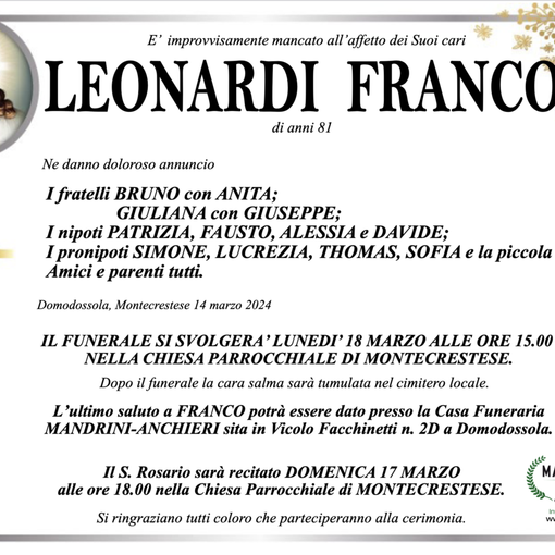 Leonardo Franco di anni 81