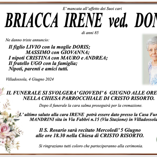 Briacca Irene ved. Dondo di anni 85