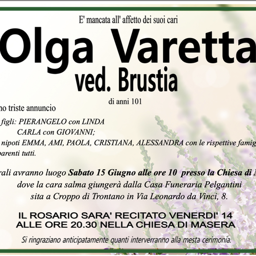 Olga Varetta ved. Brustia di anni 101