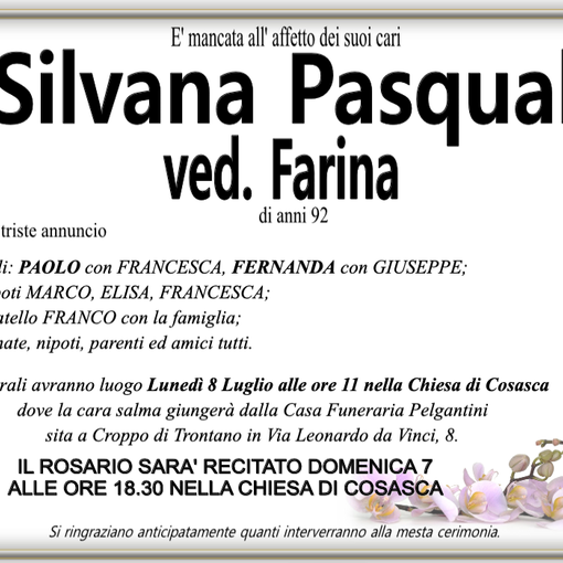 Silvana Pasquali ved. Farina 92 anni