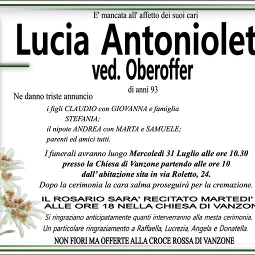 Lucia Antonioletti ved. Obereoffer di anni 93