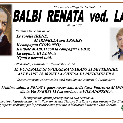 Balbi Renata ved. Lana di anni 72