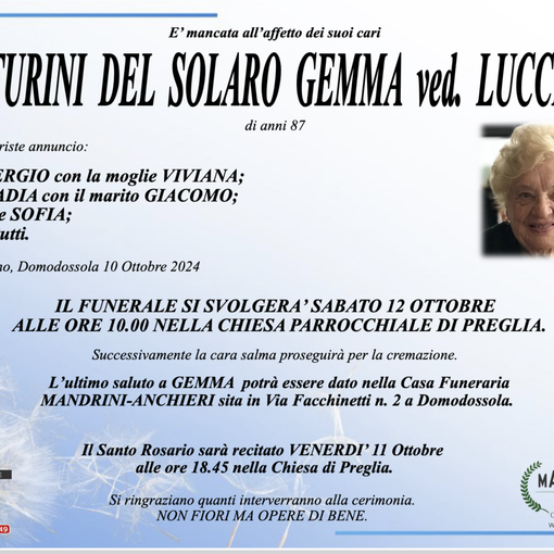 Venturini Del Solaro Gemma ved. Lucchini di anni 87