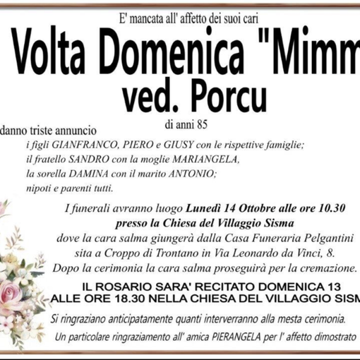 Volta Domenica &quot;Mimma&quot; ved. Porcu di anni 85