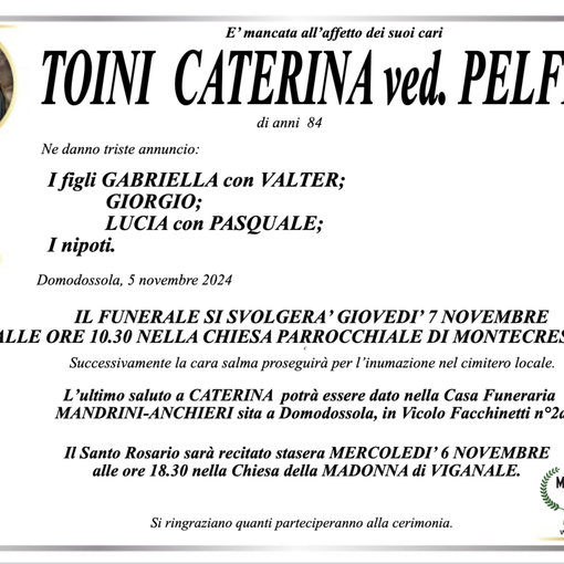 Toini Caterina ved. Pelfini di anni 84