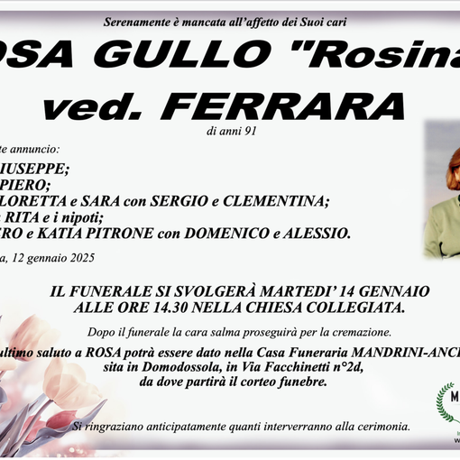 Rosa Gullo &quot;Rosina&quot; ved. Ferrara di anni 91