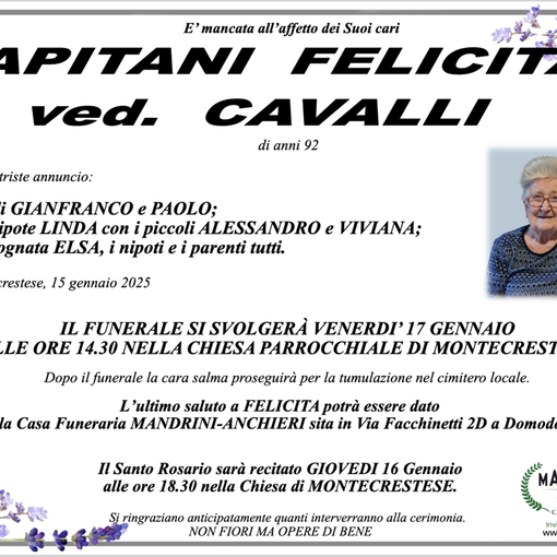 Capitani Felicita ved. Cavalli di anni 92
