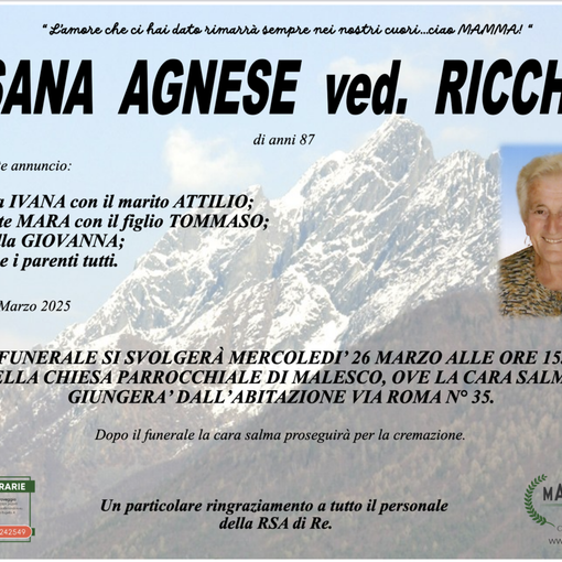 Besana Agnese ved. Ricchini di anni 87