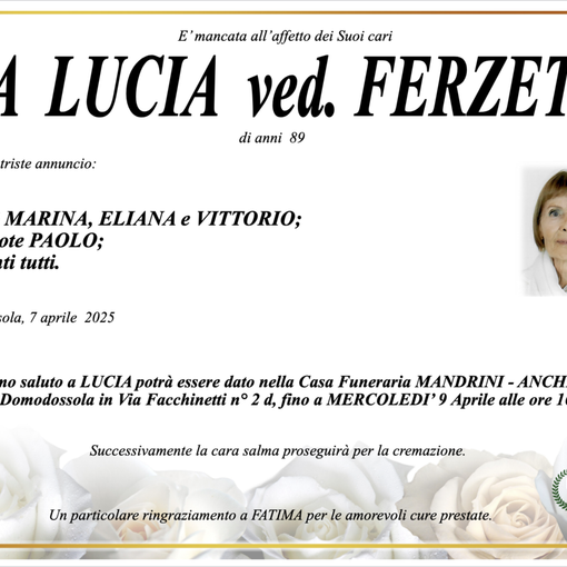 Ria Lucia ved. Ferzetti di anni 89