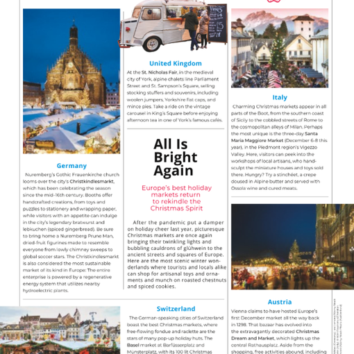 Sulla rivista di bordo della United Airlines 'atterrano' i Mercatini di Santa Maria