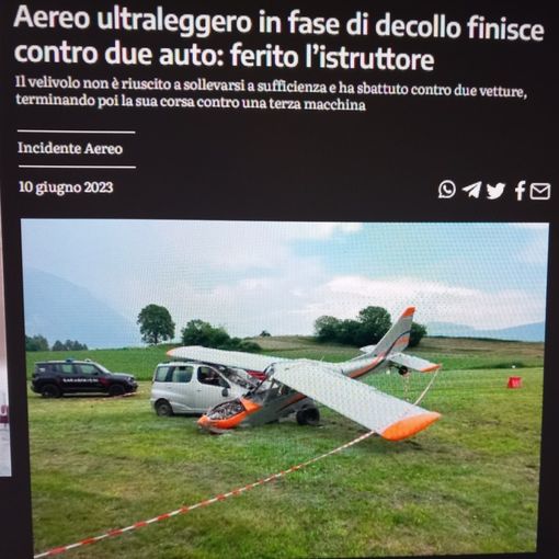 L'ultraleggero dopo l'incidente (Foto tratta dal giornale Il Nuovo Trentino)