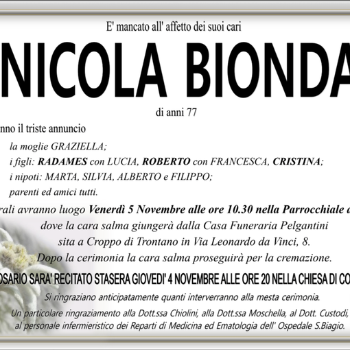 Nicola Bionda di anni 77