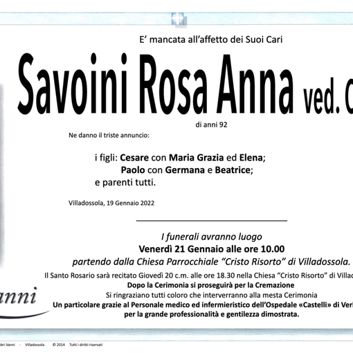 Savoini Rosa Anna ved. Casetta di anni 92