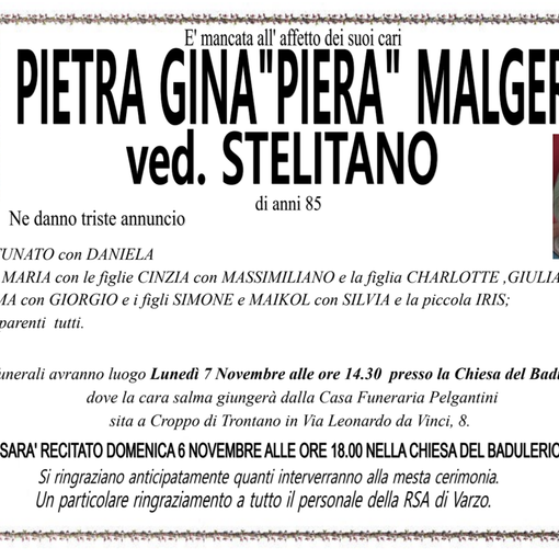 Pietra &quot;Gina&quot; Piera Malgeri ved. Stelitano di anni 85
