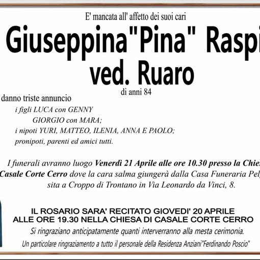 Giuseppina &quot;Pina&quot; Raspini ved. Ruaro di anni 84